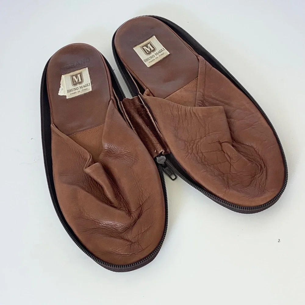 Bruno Magli Morano Mens Brown Leather Travel Slippers with Zipper Pouch Size 11